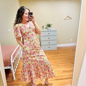 NWT Banjanan Pink Red Floral V Neck Maxi Dress Small